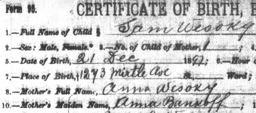 Sam Wesoky's birth certificate